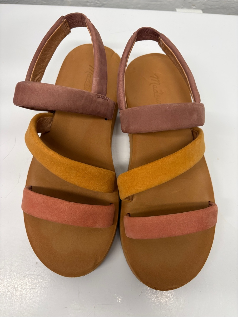 Madewell Tri-Strap Suede Sandals in Rust, Mustard & Mauve